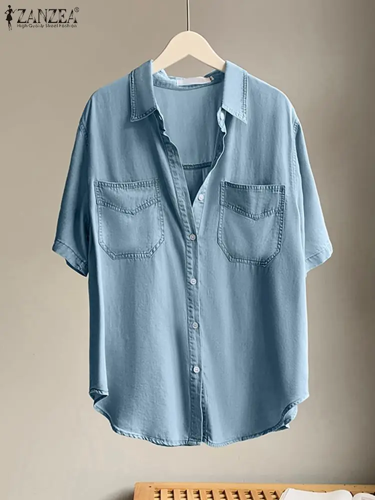

Блузка ZANZEA женская джинсовая оверсайз, свободная рубашка с коротким рукавом, с карманами, с лацканами, в офисном стиле, голубая