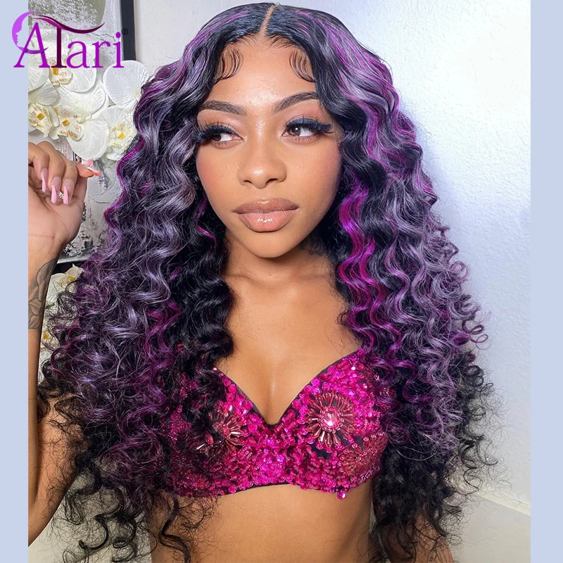 13x4 Lace Front Wig Highlight Purple Loose Wave Human Hair Wigs Pre Plucked for Black Women 5x5 Ombre Purple Closure Curly Wig