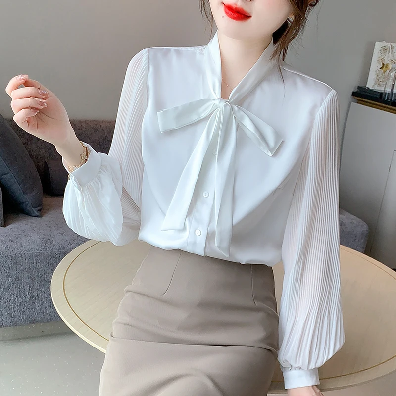 Женская блузка с длинным рукавом и бантом на воротнике Повседневная офисная