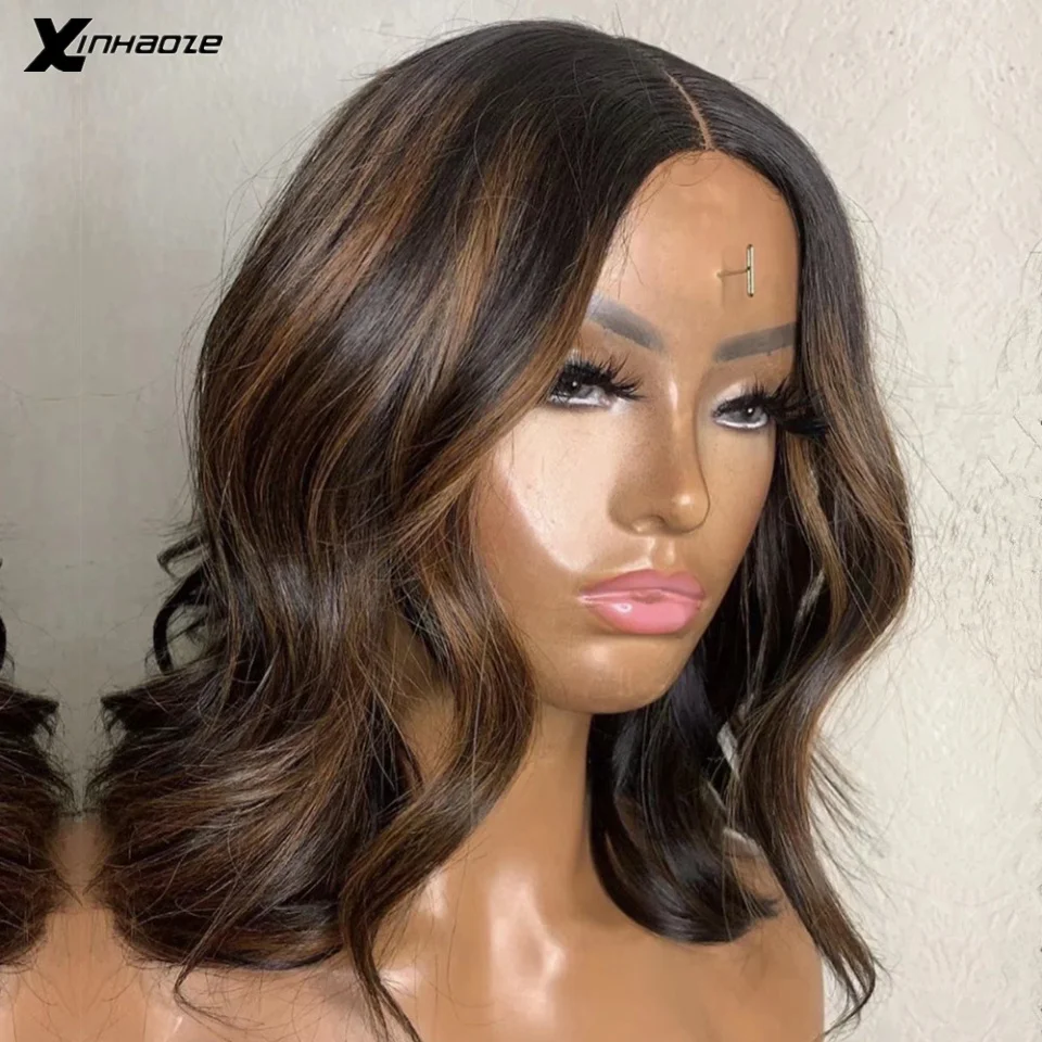 Dark Brown Highlights 5x5 Silk Top Transparent Lace Body Wave Malaysian Short Wave Human Hair Wig Pre Plucked For Black Women
