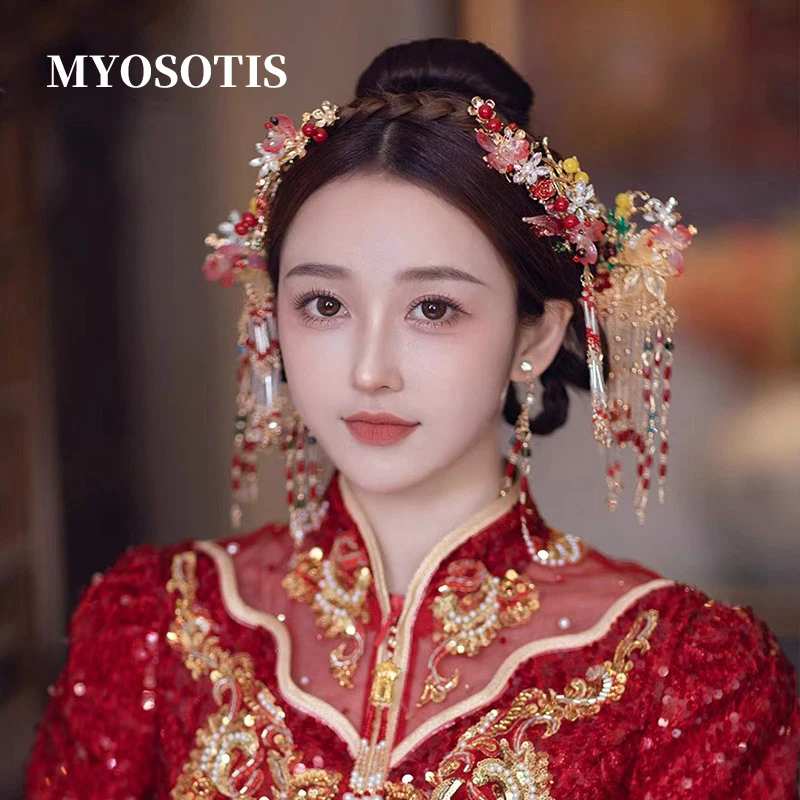

Роскошные китайские Свадебные короны невесты тиары красный гранат цветок повязка на голову для невесты свадебный головной убор кисточка шпильки для волос аксессуар