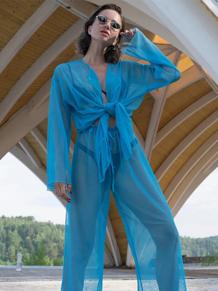 

Bornladies 2022 Summer Women's Shirts Sexy Perspective Trousers 2-piece Fashion Design Sense Mesh Casual Suit