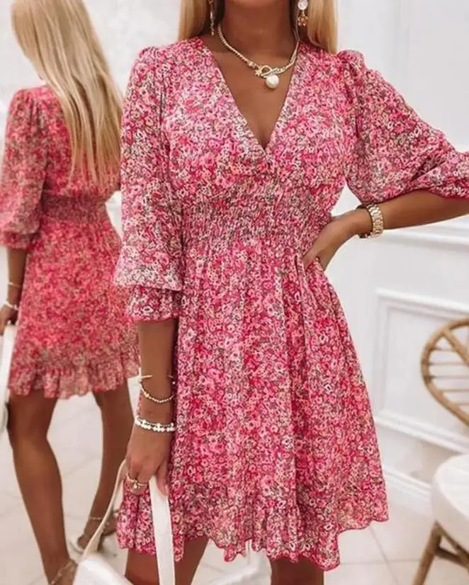 

Женское платье с пышными рукавами, элегантное розовое платье-мини с ярким цветочным принтом и оборками на подоле, новая мода 2023, летние повседневные платья для отпуска