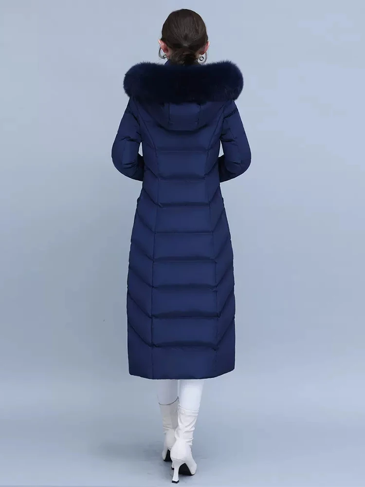 New Women Long Down Coat Winter Fashion Detachable Real Fox Fur Collar Thicken Warm White Duck Down Jacket Slim Hooded Overcoat