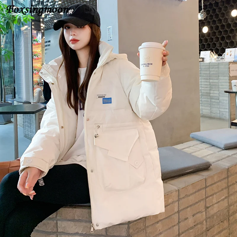 

Белая плотная теплая короткая куртка с капюшоном, парка с хлопковой подкладкой, базовое пальто для женщин, новинка 2022, модные зимние парки, Ж...