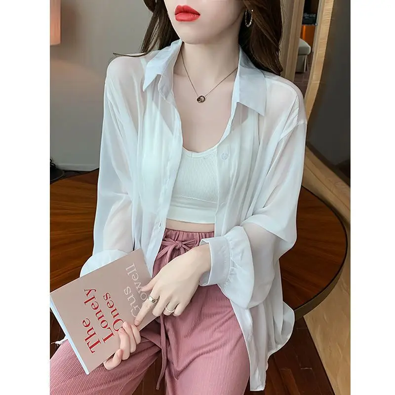 Summer Chiffon Thin Shirt Tops Long Sleeve Solid Color Loose Lacing Blouse Simplicity Casual Fashion Women Clothing