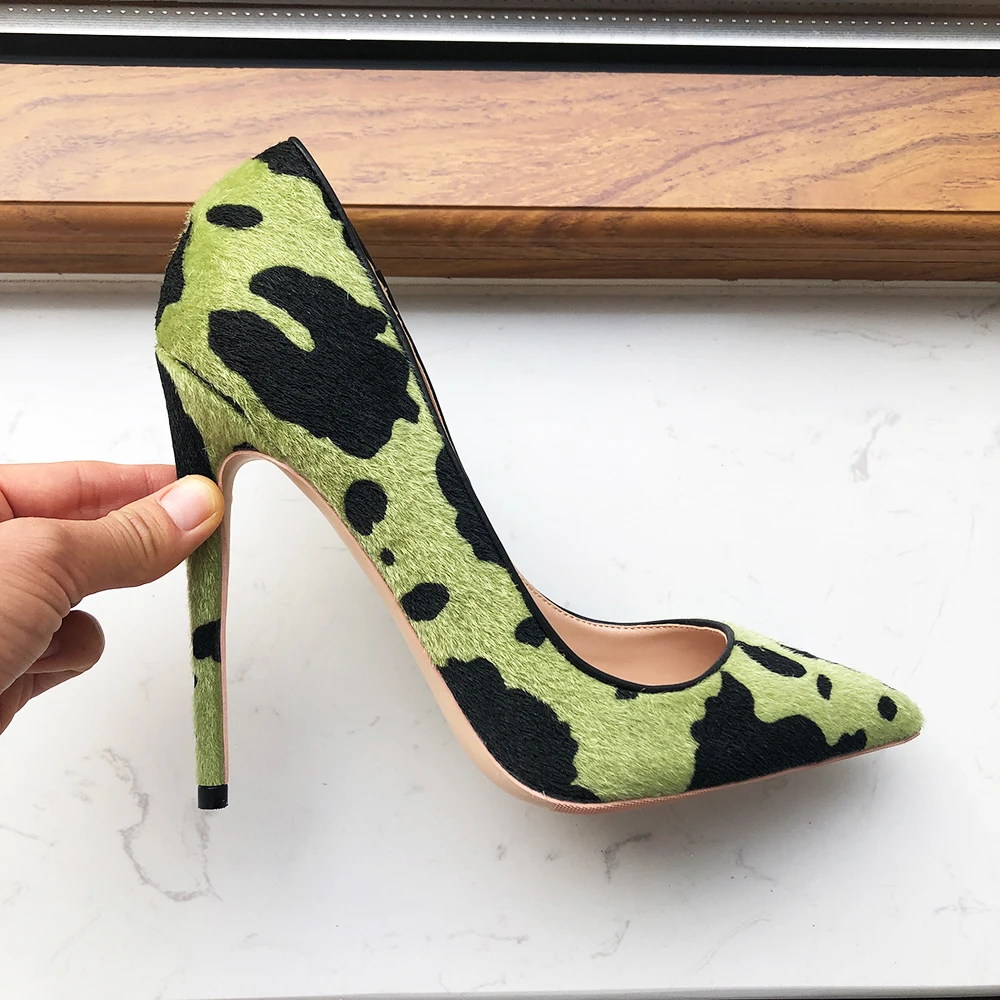 Tikicup Hairy Grafitti Pattern Women Green Pointy Toe High Heel Shoes Unique Design Sexy Slip On Stiletto Pumps Plus Size 33-45