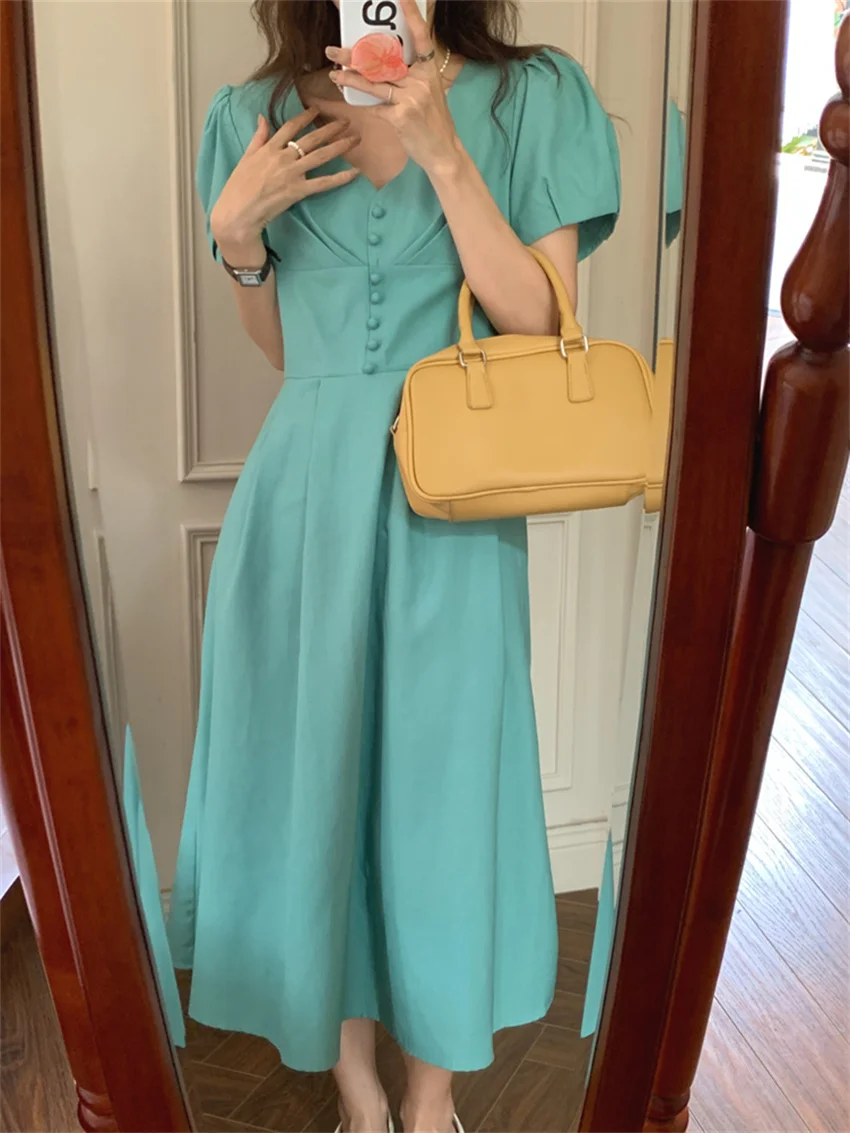 

Retro Party Slim Women Dress Elegant Stylish Solid Normcore 2022 Casual Summer V-Neck High Waist Chic Office Lady