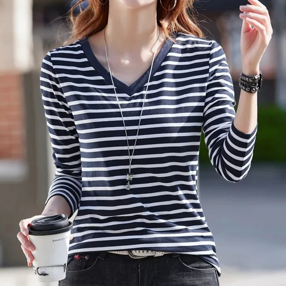 

Женская хлопковая футболка в полоску, с длинным рукавом