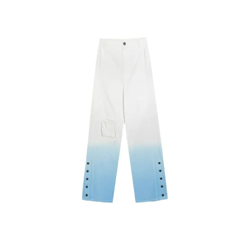 

Autumn New Women High Waist Hole Sky Blue Gradient Denim Jeans Split Straight Pants