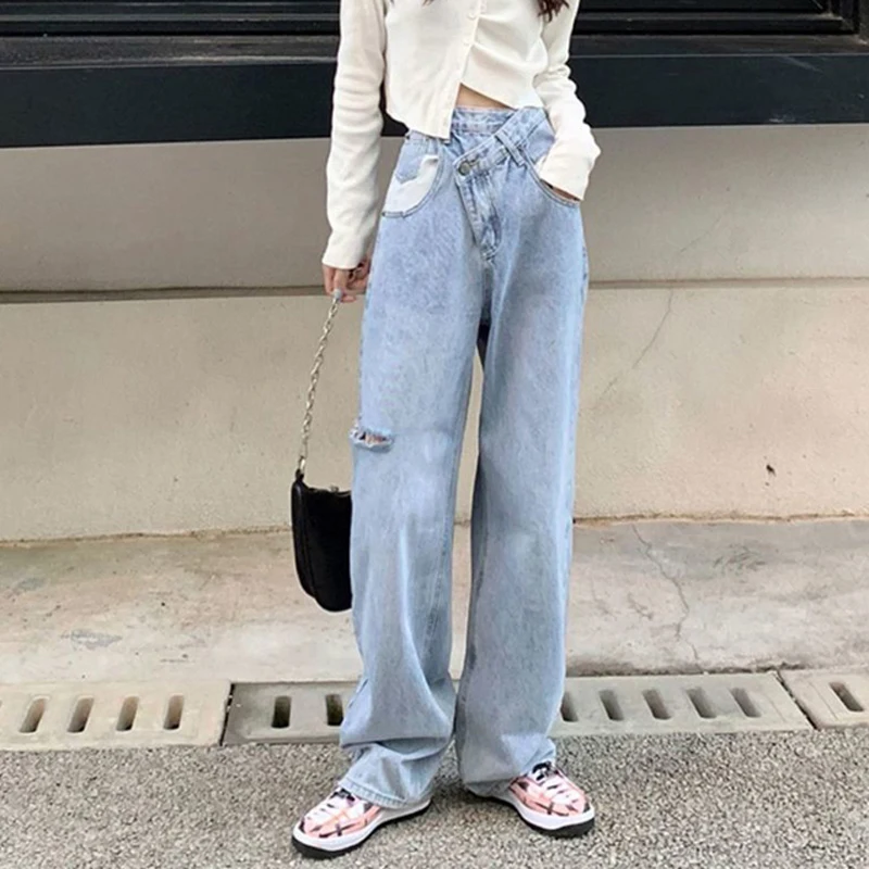 

Женские джинсовые брюки в Корейском стиле, свободные джинсы, новые женские джинсы с бахромой, высокие джинсовые широкие брюки, дизайнерская винтажная уличная одежда с дырками на талии
