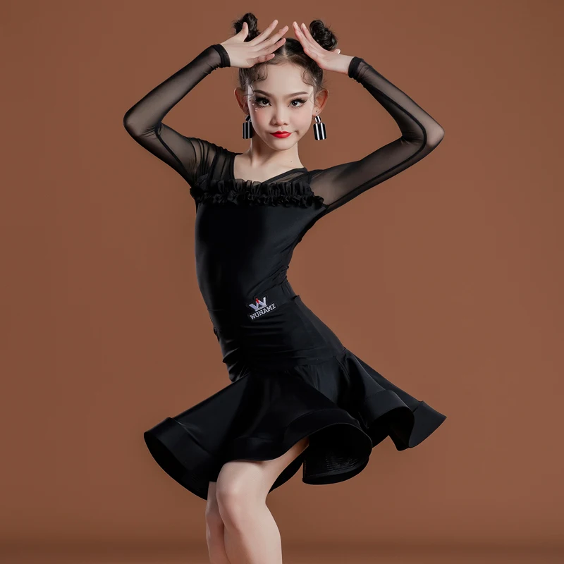 

Детская одежда для латиноамериканских танцев, черный костюм с разрезом, костюм для выступлений, боди, юбка, для Бальных Танго, тренировок, танцевальная одежда DL10021