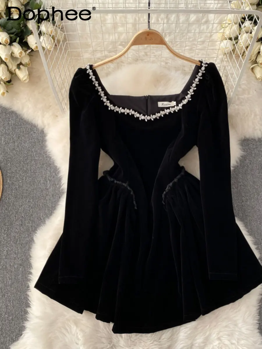 

Autumn Winter French Style Puffy Dress for Women Temperament Square Collar Hepburn Hot Drilling A- Line Short Black Dress Party