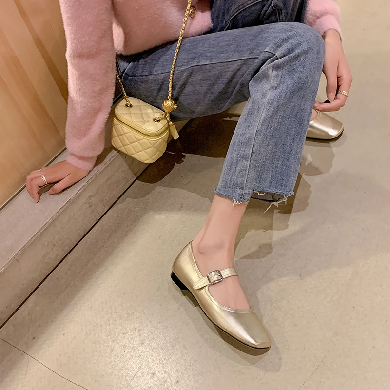 34-41 large size spring and autumn square head cow leather gold women's shoes with low heel and simple thick heel women shoes