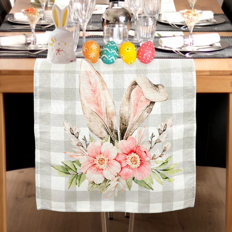 

Happy Easter Linen Table Runner Carrots Rabbit Bunny Flower Tablemat Cover Easter Placemat Home Party Kitchen Dining Table Decor