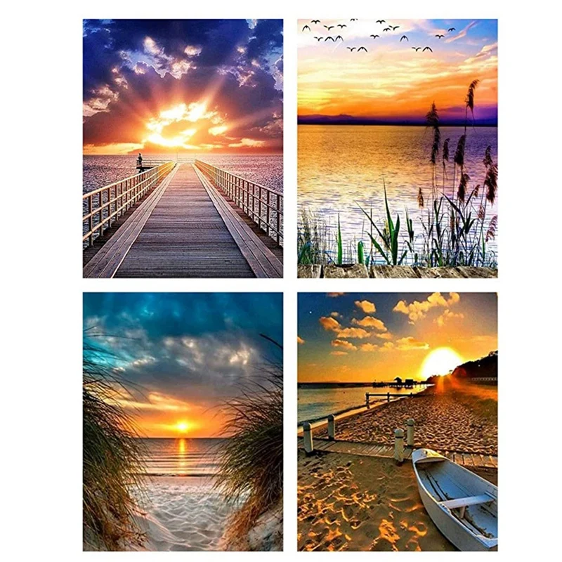 

4Pcs DIY Beach Sunset Full Diamond Round Diamond Painting Art Kit For Adult Kids Home Wall Decor 30X40cm