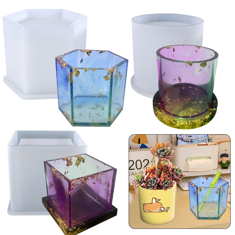 

DIY Epoxy Resin Crystal Drop Glue Pen Holder Silicone Mold Square Coaster Round Hexagonal Succulent Potted Flower Pot Molds
