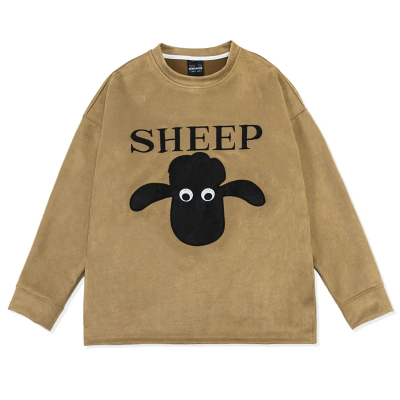 

2022 Харадзюку уличная Толстовка большого размера с надписями, вышитыми овечками, винтажные толстовки в стиле хип-хоп, японские толстовки с к...