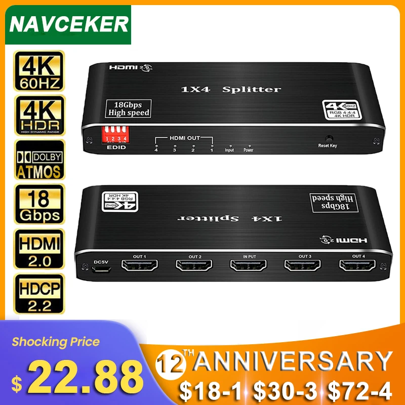 

2022 4K 60Hz HDMI Splitter 1x2 1x4 HDMI 2.0 Splitter 4K HDMI Splitter HDCP 2.2 4 Port HDMI Splitter Switcher for PS4 Apple TV