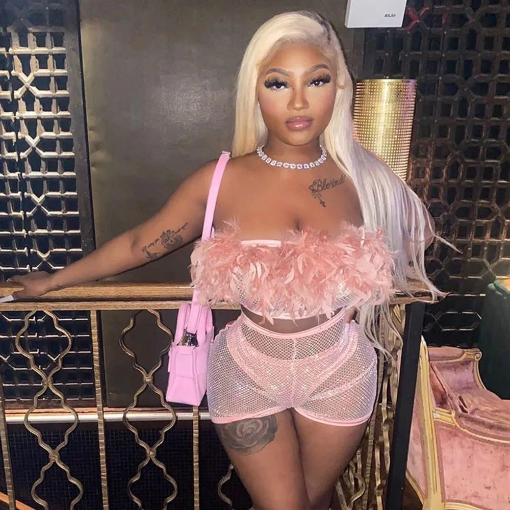 

Sexy Hot Women 2 Piece Pink Fur Suits Cute Feathers Bustiers Tube Tops See-through Mesh Shorts Slim Sets Two Piece Party Outfits