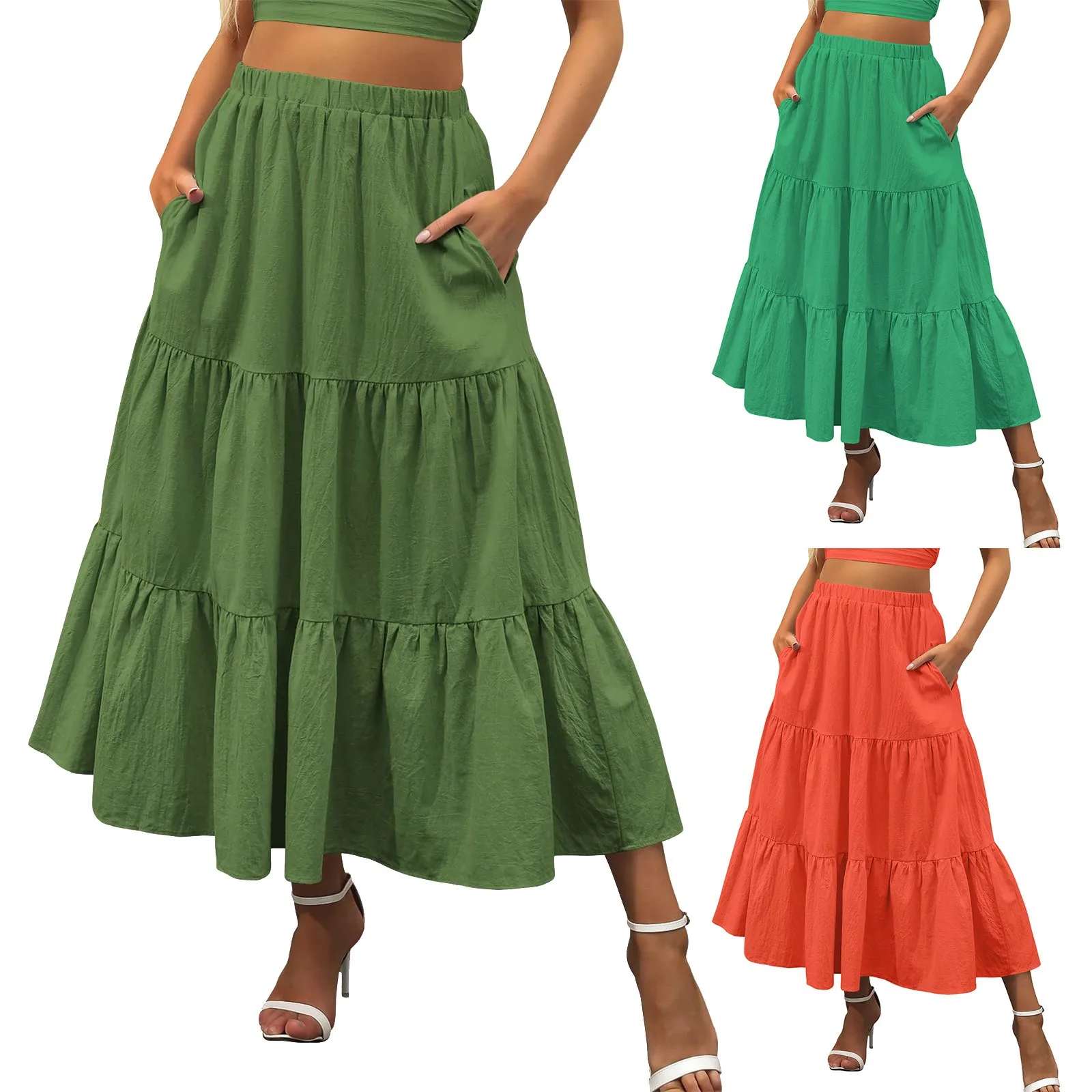 

Summer Boho Elastic Waist Pleated Skirts For Women Plus Size A Line Flowy Swing Tiered Long Skirt Dress With Pockets Y2k Clothes