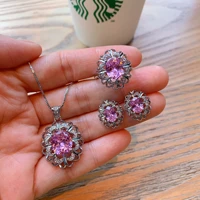 vintage 925 sterling silver pink crystal gemstone rings earrings pendant necklace for women wedding party fine jewelry sets gift
