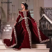 burgundy moroccan caftan mermaid formal evening dresses velvet luxury gold lace appliques arabic muslim party guest prom gowns