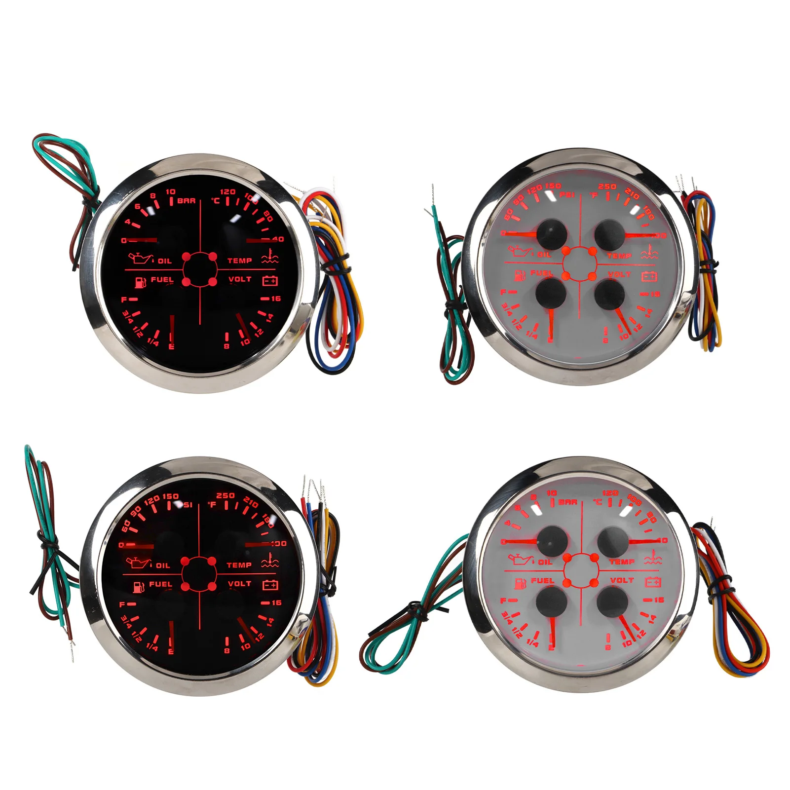 

4 In1 Car Multifunction Guage 85mm Fuel Level Oil Pressure Water Temp Volt Meter DC 9‑32V For RV Boat Motorcycle