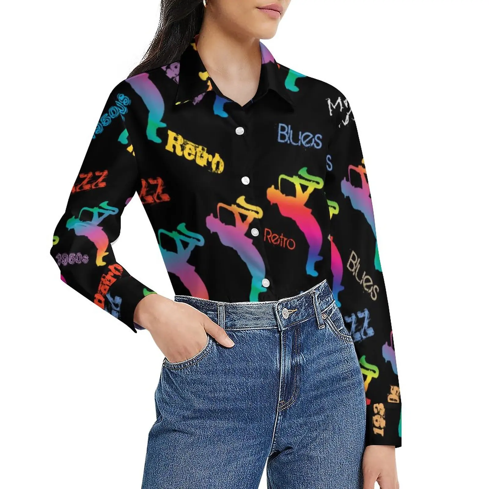 

Retro Music Pop Art Blouse Jazz Musicians Office Work Custom Blouses Women Long-Sleeve Streetwear Shirt Summer Oversized Tops
