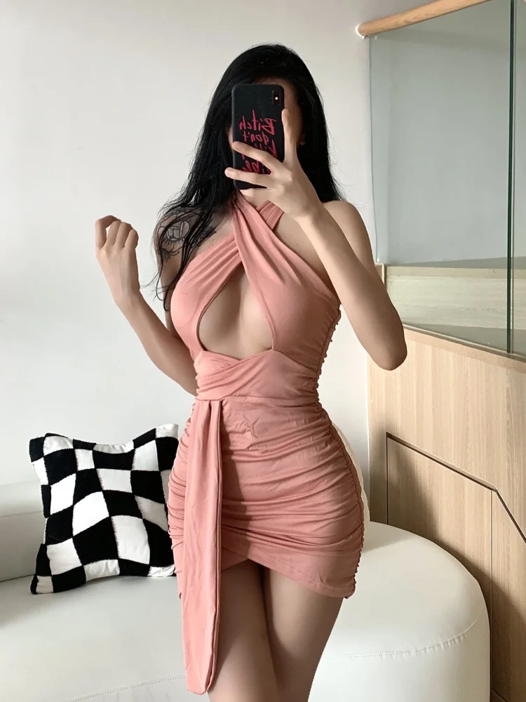 Лидер продаж сексуальное розовое мини-платье с лямкой на шее летнее платье для