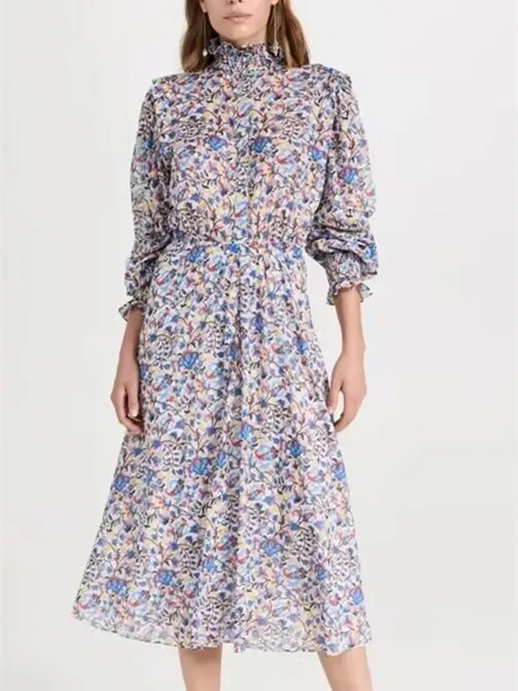

3 Colors Women Ruffled Collar Dress French Floral Print Long Sleeve Female Autumn 2023 Elastic Waist Midi Robes
