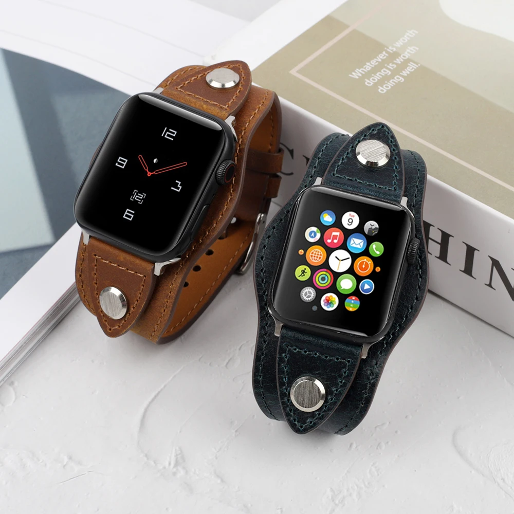 Retro Genuine Leather Hollow Sensor Rivet Strap for Apple Watch 7 Band Series 6 SE 5 4 3 Bracelet for Men Women Iwatch Belt