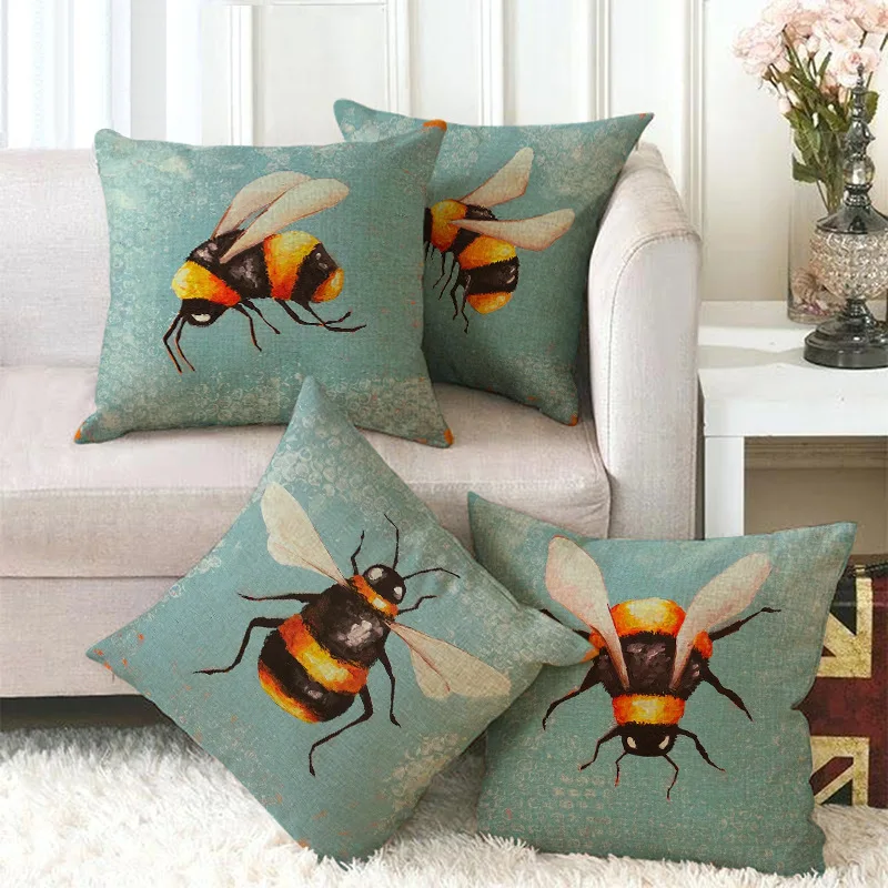 

Bee Pattern Pillow Cover Simple Style Pillowcase Print Linen Cushion Cover Summer Cushion Case Decor for Sofa Bed Without Pillow