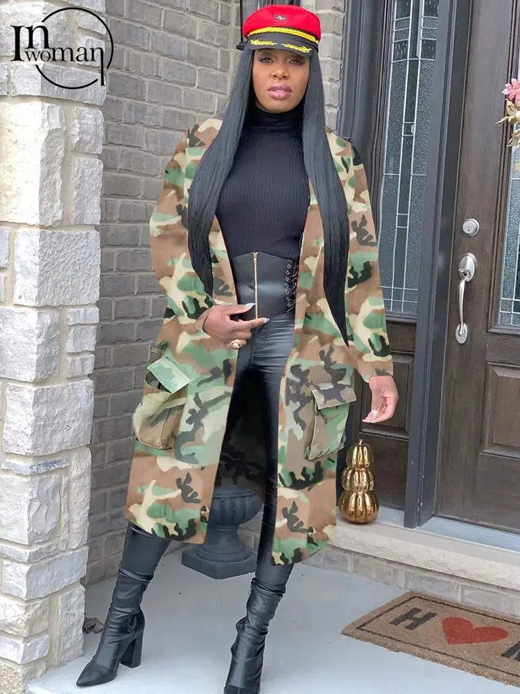 

Inwoman Fall Sexy Camo Print Trench Coat Casual Outfit For Women 2023 Long Sleeve Open Stitch Long Jacket Female Fashion Top
