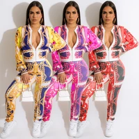 european and american womens fashion casual large gold chain pattern positioning printing zipper loose coat pants two piece set