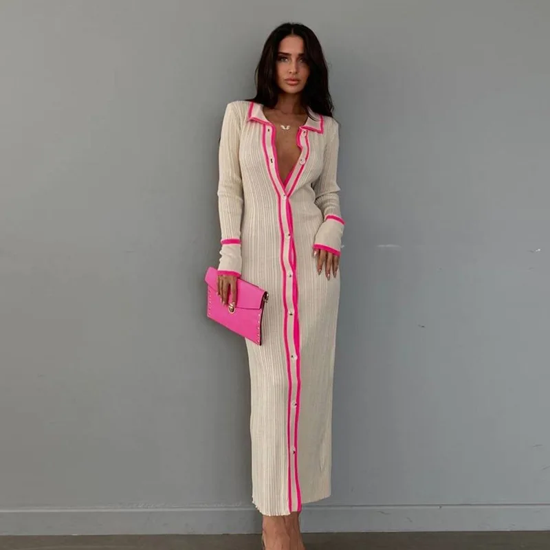 Элегантное трикотажное платье-рубашка на пуговицах длинное платье-макси в