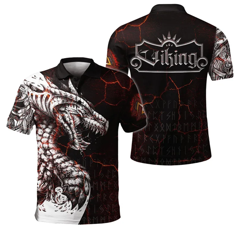 Fashion Viking Wolf Tattoo Red Eye 3D Full body Print Men's Polo Shirt Casual Polo Collar Short Sleeve Shirt