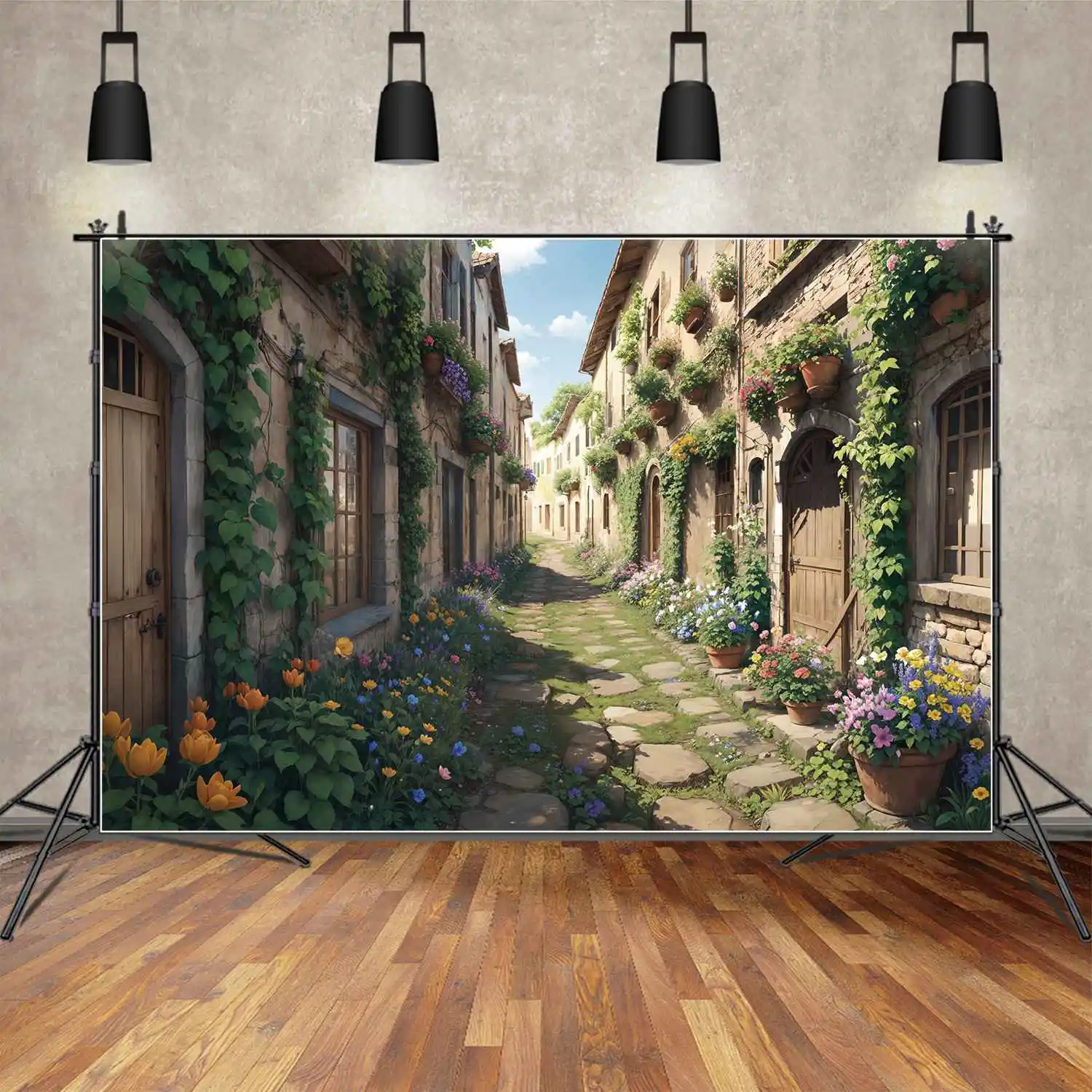 

Floral Town Road Photography Backdrops Decoration Rural Home Room Wood Arch Door Window Custom Children Photo Background Props