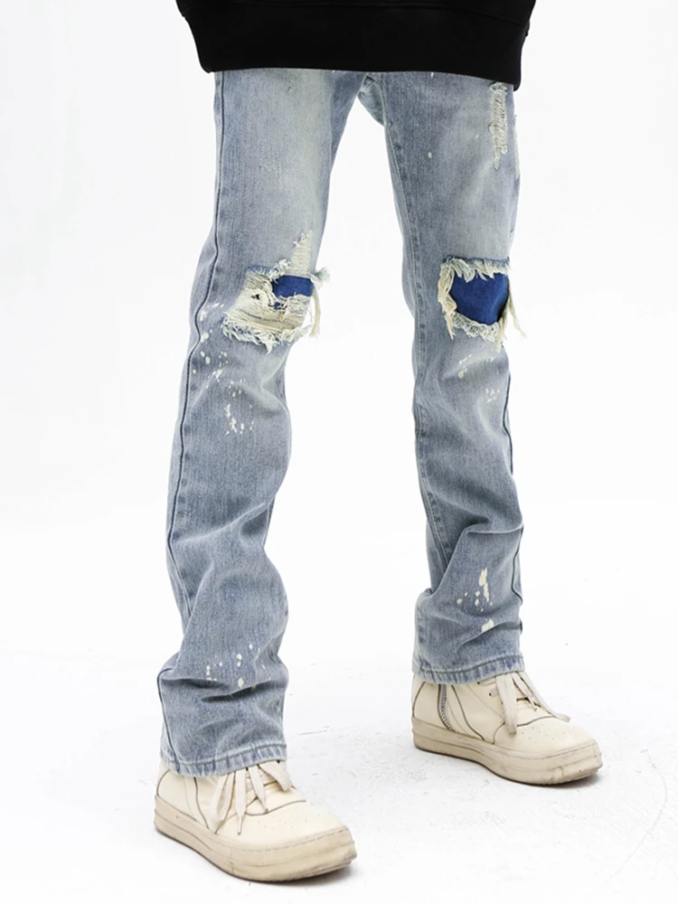 Men's Knee with Hole Denim Trousers Punk Men's Pencil Jeans Light -colored Casual Trousers Tide Brand Men Street Clothing JEANS
