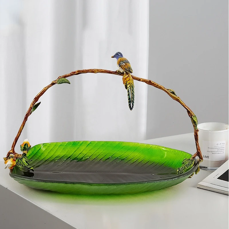 

Европейская роскошная эмалированная цветная корзина для фруктов, американский бытовой стеклянный лоток для фруктов, лоток для фруктов с украшением в виде листьев банана