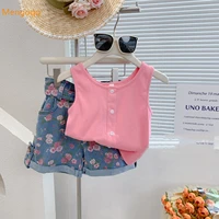 children fashion summer solid sleeve top vest flower belt shorts pants kids baby clothing set 2pcs drop shipping 3 8y
