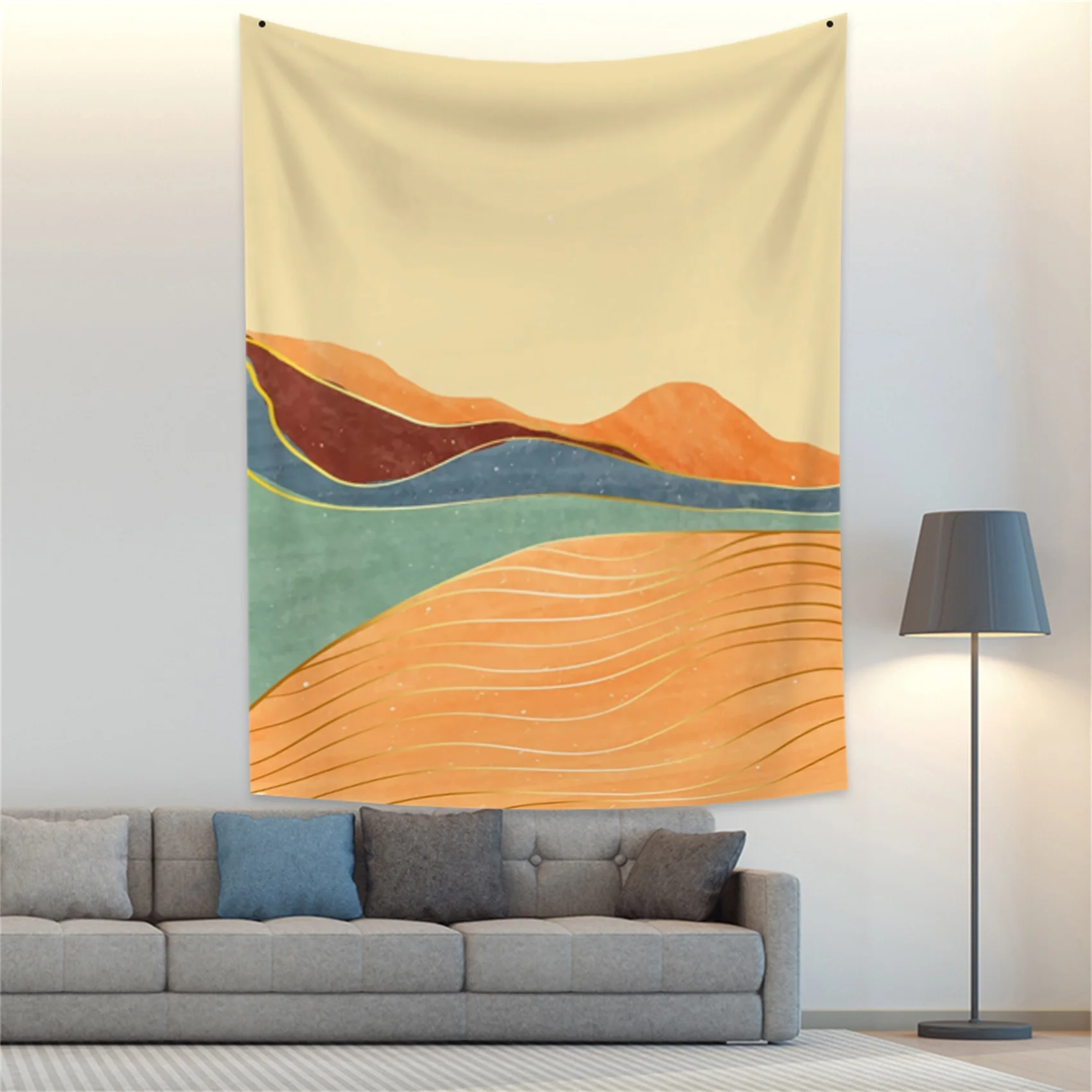 

Bohemian Art Wall Tapestry Mountains Golden Lines Print Microfiber Fabric Corridor Hotel Living Room Bedroom Home Decoration