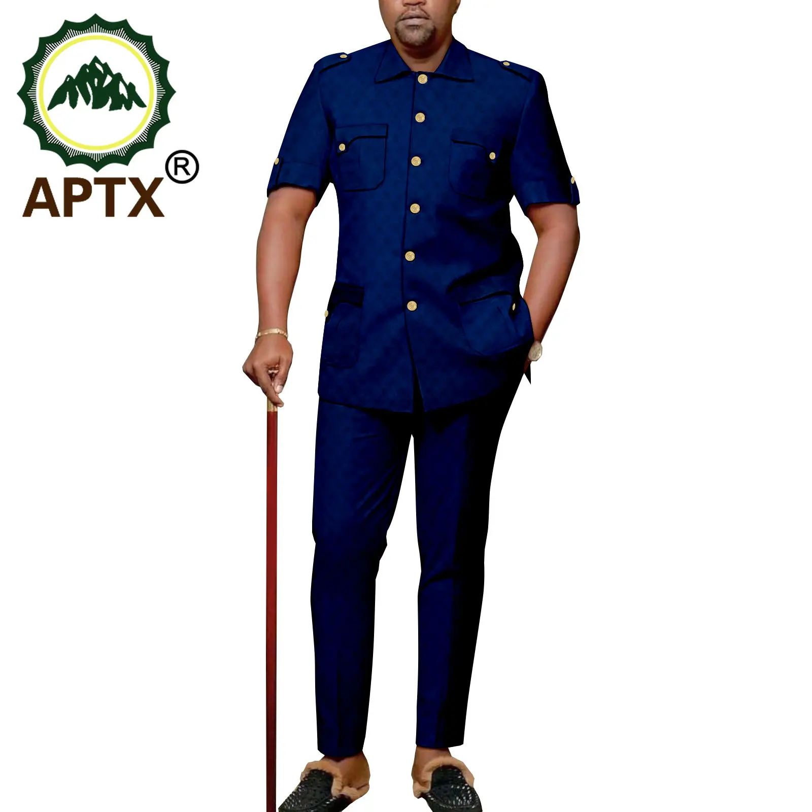 APTX African Men Suit Short Sleeves Single Breasted Shirt + Full Length Pants 2 Pieces Casual Set Polyester Material  A2216166