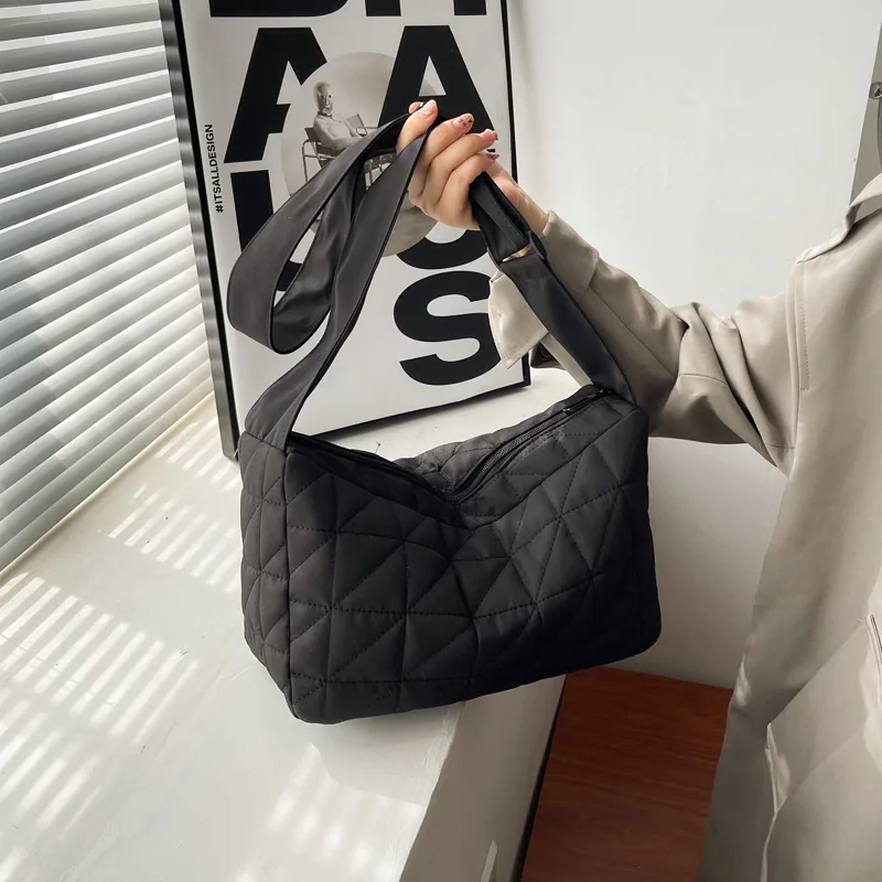 

Solid Color Rhombus Pattern Messenger Bags Women Youth Quilted Handbag Female Shoulder Bags Cotton Padded Tote Purse Shopper Bag