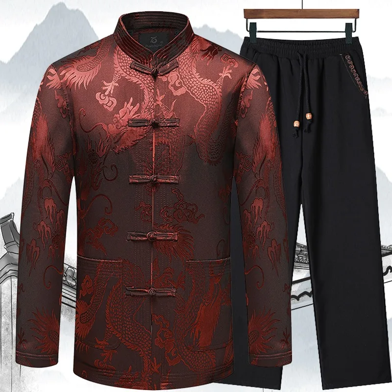 Традиционный костюм Тан с длинными рукавами и принтом дракона китайский