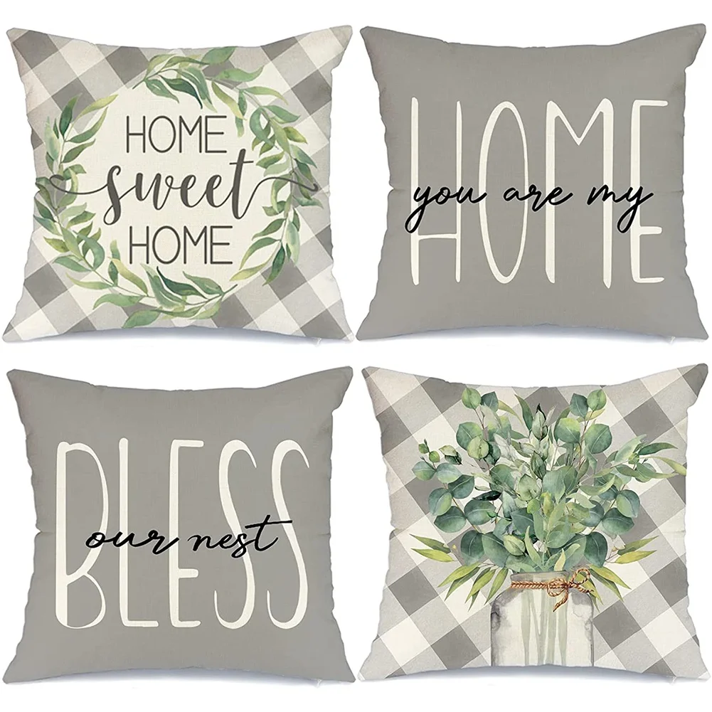 

Farmhouse Spring Pillow Covers Set of 4 18X18 Eucalyptus Leaves Throw Pillows Buffalo Plaid Spring Decorations for Couch