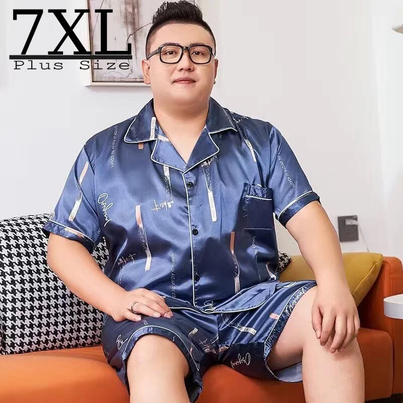 

Шелковая мужская пижама большого размера 3XL 5XL 7XL, пижама с рукавами-сортами, одежда для дома, пижамный комплект, атласная пижама, пижамные штаны
