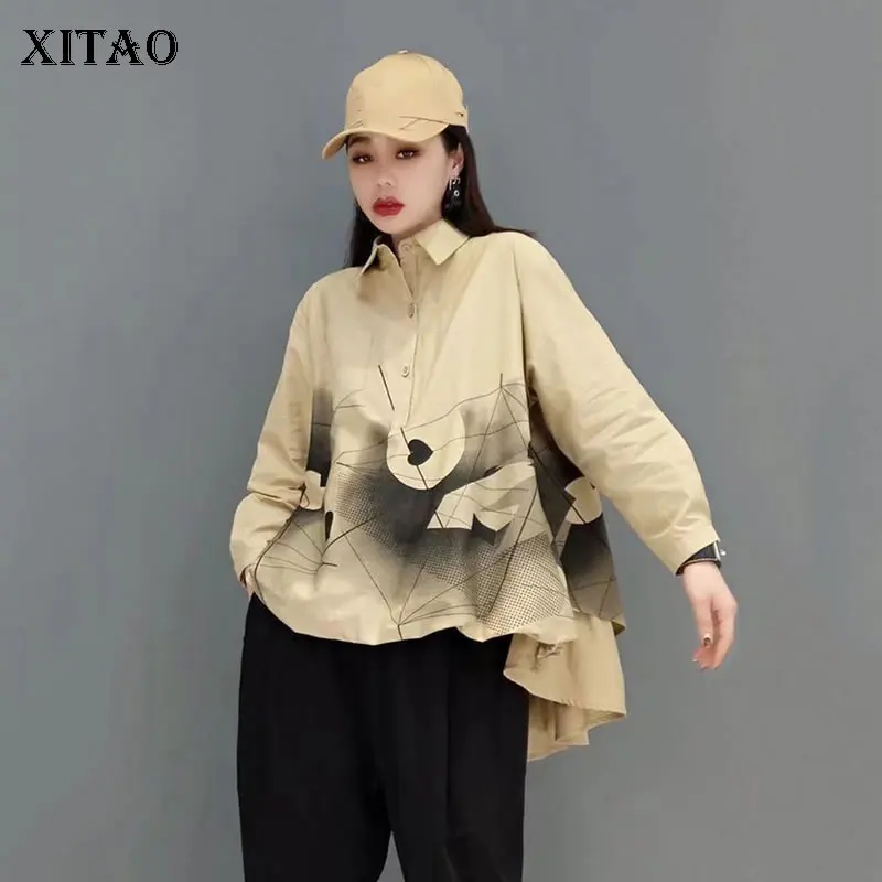 

XITAO Свободная рубашка в стиле пэчворк с модным принтом и большим подолом, повседневный простой пуловер с отложным воротником, женский топ на...