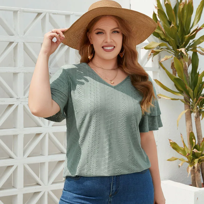 Plus Size Women Tops Summer Fashion V Neck Ruffles Short Sleeve Shirt Casual Loose Solid T Shirt Ladies Elegant Hollow Out Tops