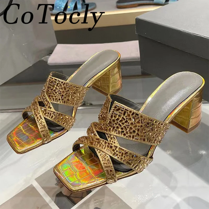 

Шлепанцы женские с кристаллами, Роскошные блестящие сандалии на квадратном каблуке, квадратный каблук, сланцы, современные тапочки на высоком каблуке, лето